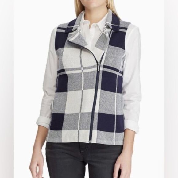 NWT Chaps Navy Plaid Asymmetric Full Zip Sweater Vest Womens Small Cotton - Picture 2 of 8